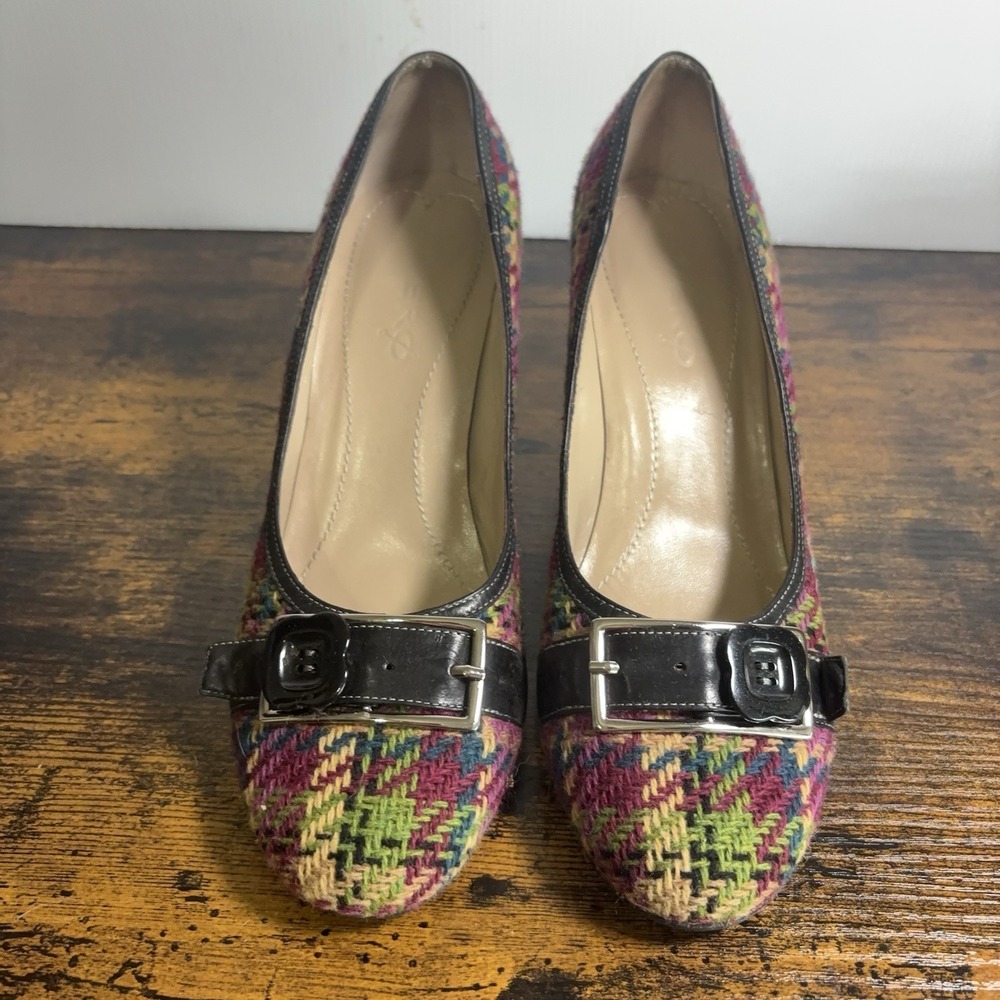 Vero Cucio Tweed Heels Womens 10M Purple Green Plaid Leather Trim - Picture 5 of 11